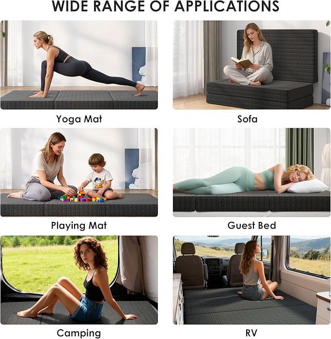 6 Inch Tri-Fold Mattress Queen Size, Portable Memory Foam Guest Bed with CertiPUR-US Certified Cooling Gel & Washable Cover, Folding Mattress for Camping, Dorm, RV & Living Room, Black