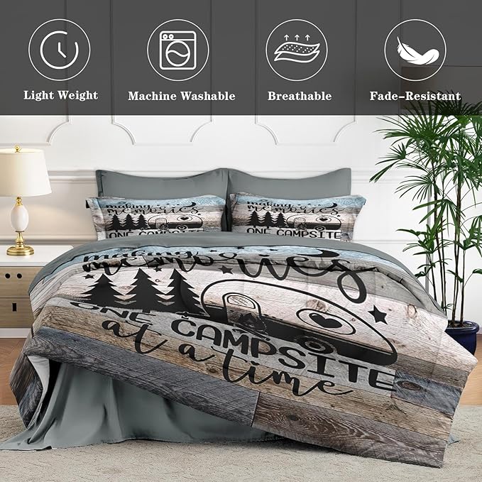 7 Pcs Queen Size Comforter Set with 2 Pillowcases & 2 Shams, Retro Wood Camp Camper Bedding Set for Kids and Adults, Inspirational Motivational Bed in a Bag with Flat Sheet and Fitted Sheet