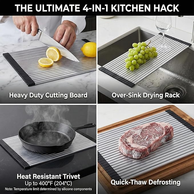 304 Stainless Steel Rollable Cutting Board – Space-Saving Over-the-Sink Workstation for RVs and Small Kitchens – Rust-Proof Heat Resistant Dishwasher Safe Non-Slip Multi-Use Prep Mat (16.7" L x 13" W)