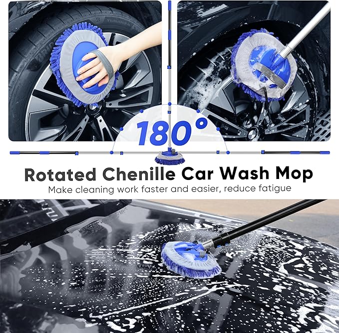 5-12ft Car Wash Kit,8 Piece,Thickened Aluminum Telescopic Rod,Cleaning Brush,Tire Brush,180 ° Chenille Mop,Fiber Towel,Storage Bag,2-Piece Detail Brush,Car,RV,Truck Clean Kit