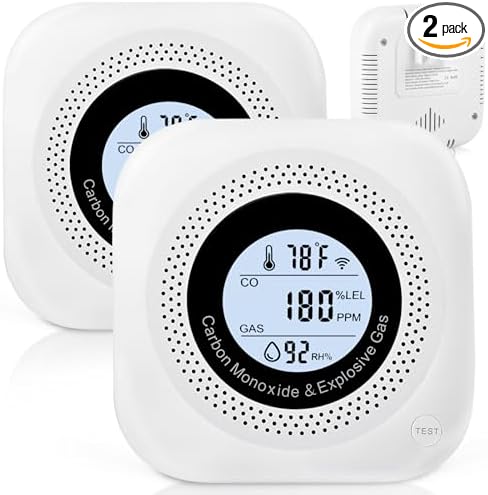 Carbon Monoxide Detectors, 2Pack 4-in-1 Natural Gas Leak Detector, Portable Carbon Monoxide Detector, Plug in Wall with AC Socket and Temperature & Humidity Monitoring for RV, Home, Hotel (White)