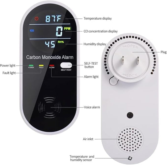 3-in-1 Carbon Monoxide Detectors, Portable Carbon Monoxide Detector for Travel with Temperature & Humidity Display, Carbon Monoxide Detector Plug in Wall for Home/RV, Accurate & Easy to Install