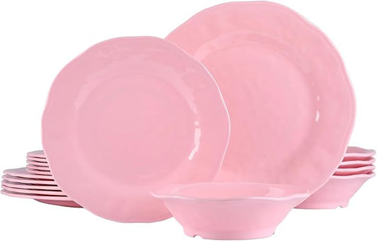 18 Piece Pink Dinnerware Set, Lightweight Kitchen Dining Plates and Bowls Set, Durable Melamine Dishes, Set of 6, Unbreakable RV Camping Dishes, Dishwasher Safe