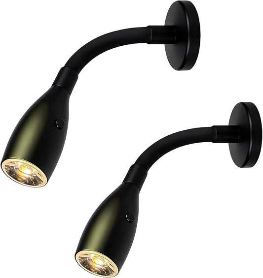 2-Pack 12V Flexible Gooseneck Light Black RV Reading Light Warm White & Red Night Mode Wall Mounted Bedside Under-Cabinet Lights On Camper Van Camping Trailer Motorhome