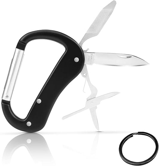 Multitool Carabiner with Pocket Knife, Stocking Stuffers Gifts for Men,Bottle Opener,Nail file,Small Scissors,EDC Carabiners Keychain,Survival Gear for Camping Hiking（Black)