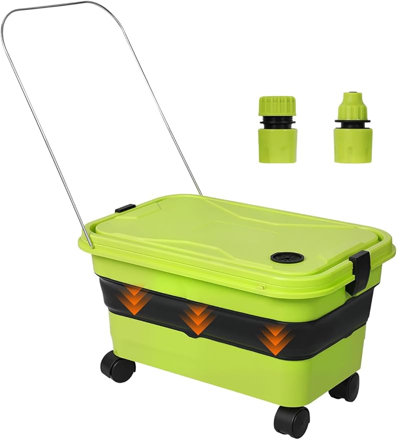 Collapsible Bucket 5.8 Gallon 22L with Wheels Handle Drain Plug Water Outlet and 2 Universal Connectors for Portable Pressure Washer Cordless Car Washing Camping RV Pet Bath Multi-Use