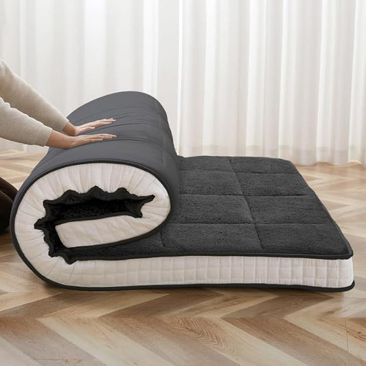 Twin Size Futon Mattress - Extra Thick Foldable Japanese Floor Mattress - Super Soft Fuzzy Sleeping Pad for Adults - Tatami Mat Suitable for Camping & Guest & RV Mattress- Plush Black