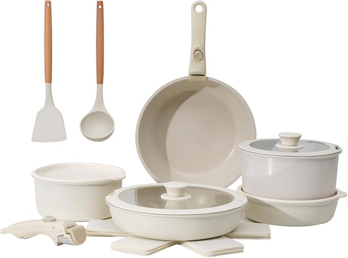 17Pcs Pots And Pans Set Nonstick with Detachable Handle, Non Stick Cookware,Granite Kitchen Pots And Pans Induction Rv Cookware Set, Oven And Dishwasher Safe