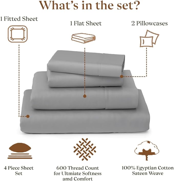 RV Short King Sheet Set 72 x 75 - 100% Egyptian Cotton, 600 Thread Count - 4 Piece Sateen Weave Camper Bedding - Deep Pocket RV Sheets Fits Up to 16" Mattress - Soft & Breathable - Light Grey