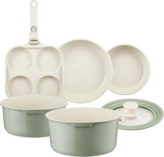 Ceramic Pots and Pans Set Non Stick Green, 7 Pcs Nonstick Cookware Set with Detachable Handle RV Camping Induction Kitchen Cookware Set Non Stick, PFAS PFOA & PTFE Free