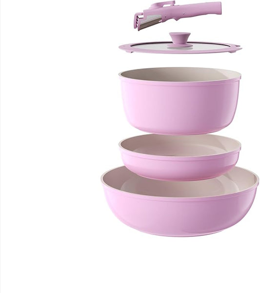 Pots and Pans Set Non Stick, Ceramic Cookware Set Detachable Handle, RV Camping Kitchen Cooking Set Removable Handles, Dishwasher/Oven/Fridge Safe, Induction, Space Saving，PINK