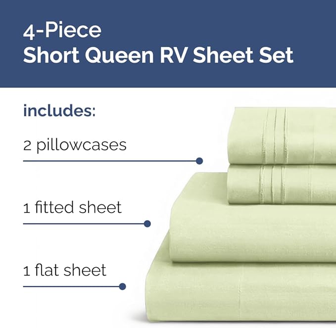 RV Short Queen Sheet Set 60 X 75 - 4 Piece RV Short Queen Bed Sheets - Soft, Breathable & Cooling - Designed for Bunks, Trailers & Campers - Fits 8” to 12" Mattress - Luxury Bedding - Light Sage Green
