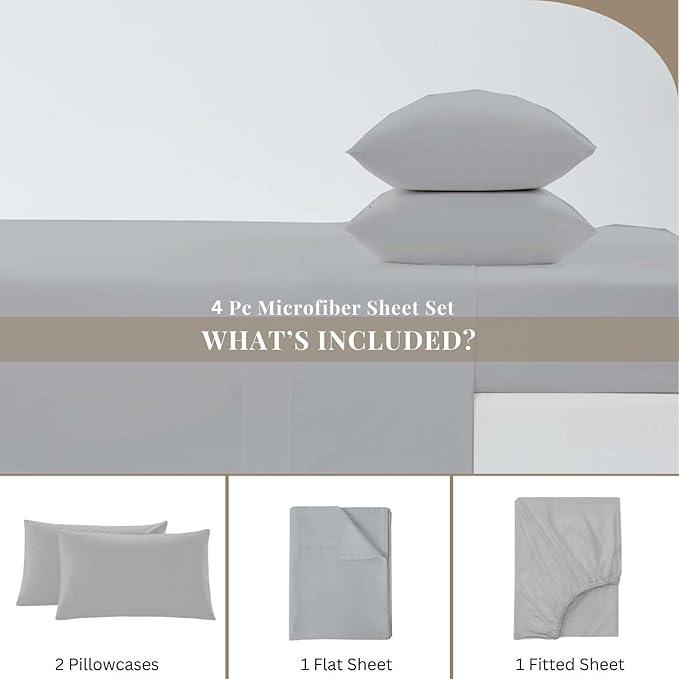 Luxury 4 Piece Rv King Sheet Set, Ultra Soft Microfiber Sheets with Deep Pockets, Fits Mattresses up to 10 Inches, 72" x 80", Light Grey Solid