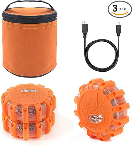 USB Rechargeable LED Road Flares Emergency Lights-Roadside Warning Car Safety Beacon Flashing Disc Flare Kit with Magnetic Base for Vehicles & Boat | 3 Beacon Disc Pack
