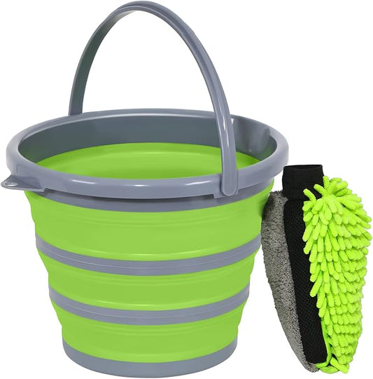 Collapsible Bucket with 3-in-1 Car Wash Mitt, Coral Velvet + Weave + Chenille Microfiber Glove Sponge, 10L (2.6 Gallon) Portable Folding Basin Pail for Household Cleaning