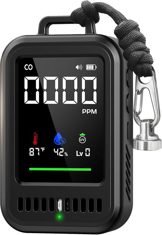 Portable Carbon Monoxide Detector for Travel, 4-in-1 CO Detector with Audible & Visual Alerts, Magnetic Lanyard, LED Light, 220H Standby, CO Monitor/Temp/Humidity/UV Sensor for Camping, Home, RV, Car