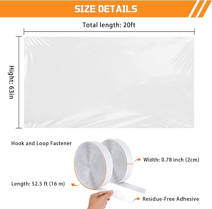 Heavy Duty Window Insulation Kit (180μm Thick) 63 in x 20 ft Cuttable Plastic Window Cover Reusable with Strong Adhesive Tape for Winterizing Waterproof Thermal Insulation Film