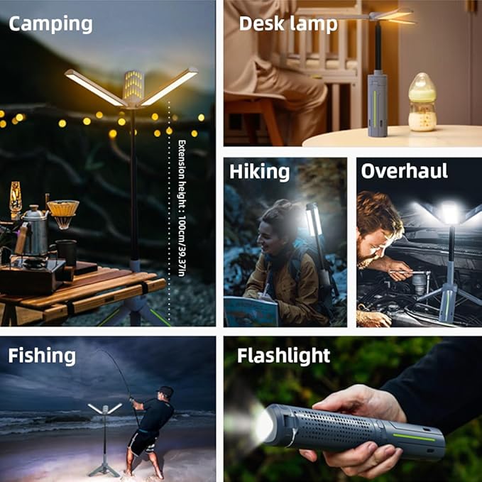 Rechargeable 8000mAh Camping and Work Light with Adjustable Stand 3.4 ft, 3000 Lumen Cordless Work Light Featuring 3 Adjustable Heads, Dimmable Emergency Flashlight with Telescopic Tripod