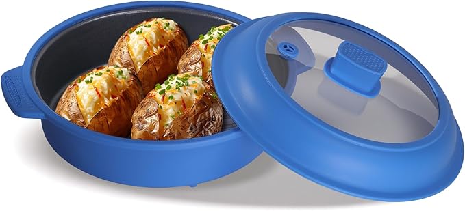 Microwave Grill Pan, Fry Griddle Crisper Pan with Lid for Grilling Browning and Crisping Foods Microwave Silicone Cookware for Baked Potato Meat Sandwich Vegetable Blue