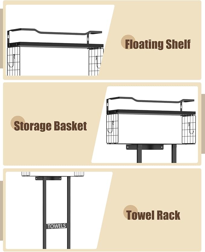 Towel Racks for Bathroom 31inch Wall Mounted Towel Rack,Floating Shelf with Wood Plank,Towel Storage for Bathroom can Holds 6 Large Rolled Towels,All Black