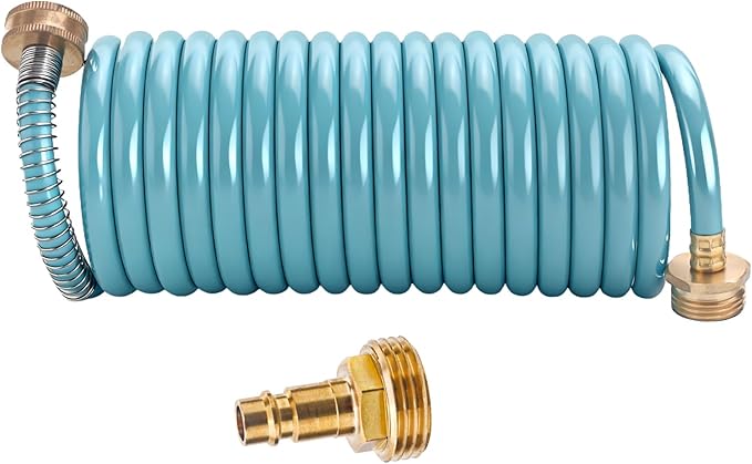 RV External Shower, 3/8 in by 15-Foot Coil Hose with 1/2 Inch Quick Connect Adapter for RV Outdoor Shower, Boat Hose Coil, 3/4 Inch Fittings (No Sprayer) (No Sprayer)