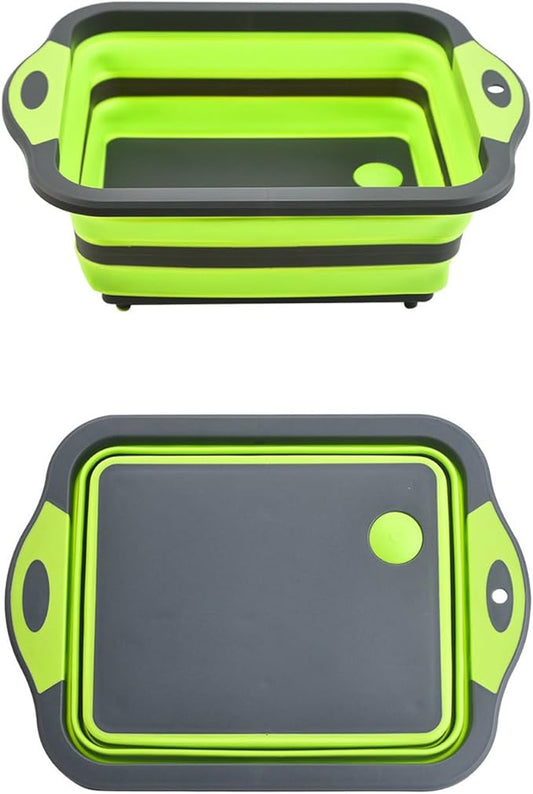 Camping Collapsible Cutting Board Dish Basin BBQ Prep Tub Camp Sink Dish Washing Station Multifunctional Storage Basket(Grey green)