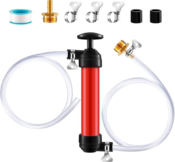 RV Antifreeze Siphon Hand Pump Kit, Liquid Transfer Pump with Two 1 Metre Clear PVC Hoses for Petrol, Oil and Fluids, Fuel Siphon Pumps with 2 Clamps, Camper, Boat Winterization Accessories