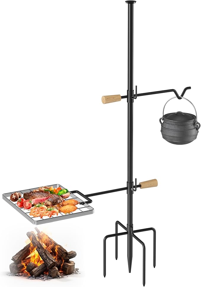 Campfire Grill Grate with Swivel Handle, Campfire Cooking Equipment - Fire Pit Grill Grate with Heavy Duty Steel, For Outdoor BBQ Camping and Cooking, Black