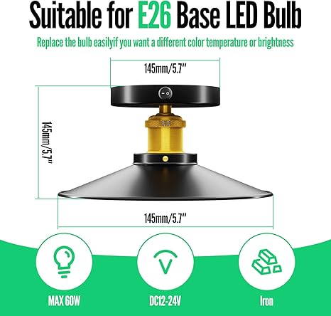 Black 12V-110V RV Vintage Ceiling Light Fixture With Switch 60W, E26/E27 Edison Lamp Socket,RV Pendent Light,Interior Fixture, Flush Mount RV Camping Caravan Boats Bedroom Farmhouse（Bulb not Include）