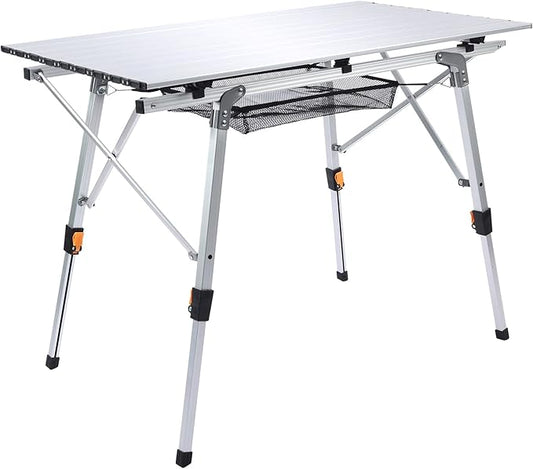 Folding Outdoor Camping Table with Adjustable Legs, Lightweight Aluminum Roll Up Camp Table with Carrying Bag, Mesh Storage Organizer, for Cooking, Picnic, Beach, Backyards, BBQ, Party