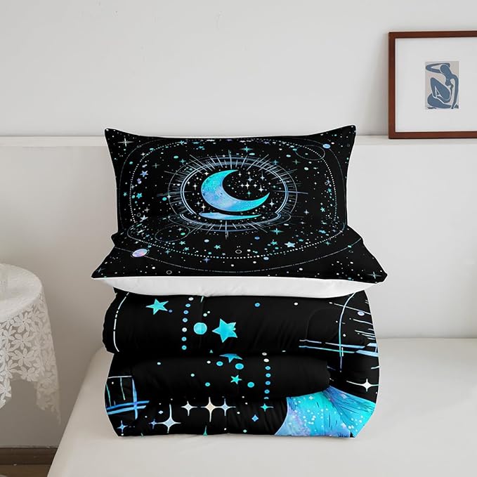 Stars and Moon Full Size Comforter Set,Blue Galaxy Bedding Set for Adults Teens,Children Space Starry Sky Comforter Luxury Constellation Quilt Set Room Decor 3Pcs