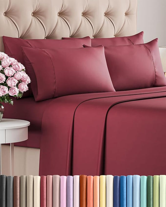King 6 Piece Sheet Set - Comfy Breathable & Cooling - Ultra Soft Hotel Luxury Bedding Set w/ 8-16 Inch Deep Pockets - 1 Flat & 1 Fitted Sheet & 4 Pillowcases - Wrinkle Free and Easy Care - Burgundy
