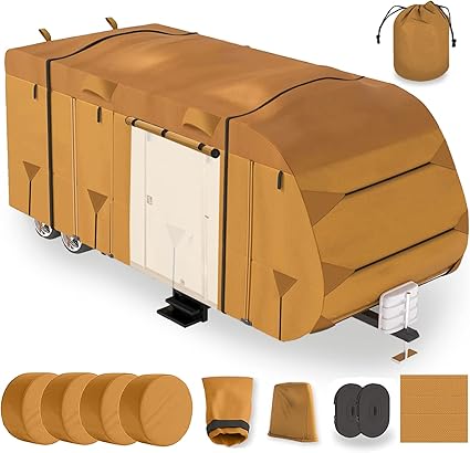 20-22ft Travel Trailer Camper RV Cover Package Premium Heavy-Duty Waterproof Anti-UV Breathable Fabric Including Jack Cover 4 Tire Covers and 2 Secure Straps