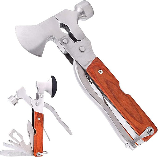 Multitool Hammer Camping Gear Accessories Survival Kits 14 in 1 Multifunction Tool Portable Folding Wood Handle Stainless Steel Multipurpose Equipment For Outdoor Hiking Hunting Tactic Unique Gifts
