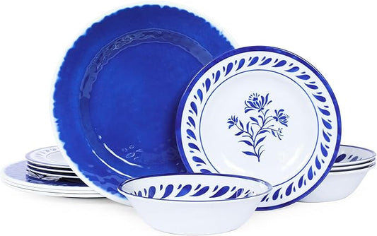 Melamine Dinnerware Sets,12-Piece Plates and Bowls Sets,Durable&Lightweight Kitchen Dish set for 4,Dishwasher Safe, Indoor and Outdoor Use,Blue