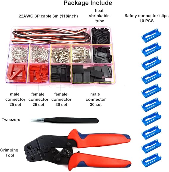 55 Sets Servo Plug Male Female Connector Crimp Pin Cable Kit with Crimping Tool Compatible JST SYP Futaba for Hitec Spektrum RC