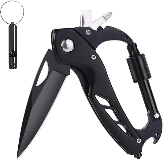 Multitool Carabiner with Pocket Knife, EDC Carabiners Keychain with Folding Knives, Survival Gear for Camping Hiking with a Whistle, Bottle Opener, Window Breaker, Screwdriver, Gifts for Men