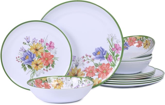 12 Piece Floral Melamine Dinnerware Sets, Green Camping Dishes Set, Spring Lightweight Plates and Bowls Sets, Service for 4, Unbreakable Dishwasher Safe Dish Set for Indoor & Outdoor Use