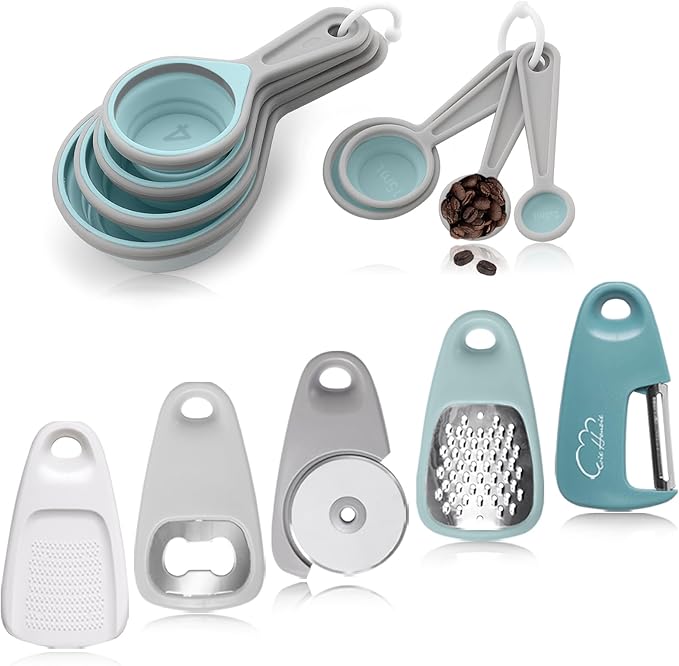 Kitchen Gadgets Set 13 Piece, Space Saving Cooking Tools Includes Cheese Grater, Pizza Cutter, Peeler, Bottle Opener, Garlic Grinder, Collapsible Measuring Cups Spoons for Small Kitchen RV Camp