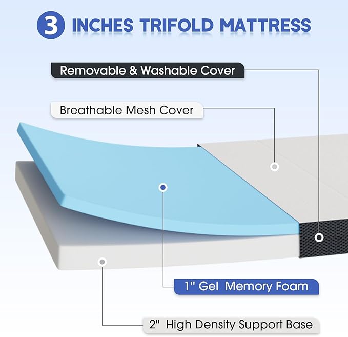 Queen Foldable Mattress, 3 Inch Trifold Mattress with Breathable & Washable Cover, Foldable Mattress with CertiPUR-US Certified, Queen Mattress Memory Foam Topper for Camping, Guest, Floor RV(Queen）