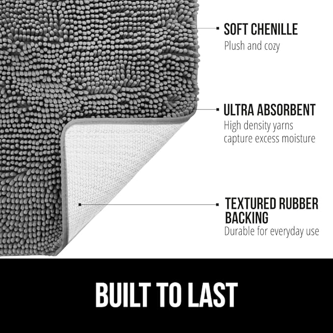 Bath Rug Mat, Thick Soft Absorbent Chenille, Quick Dry Microfiber Mats, Rubber Backing Machine Washable Shower Floor Rugs, Bathmat Runner, Bathroom Home Decor Accessories, 24x17, Grey