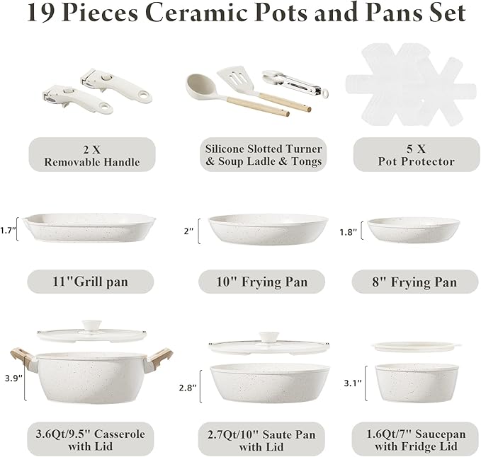 19 Pcs Pots and Pans Set Non Stick Ceramic Cookware Set with Removable Handles, Non Toxic Induction Kitchen Cookware Sets RV Cookware,Dishwasher/Oven Safe PFAS/PTFE/PFOA Free Cream White