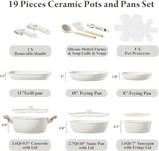 19 Pcs Pots and Pans Set Non Stick Ceramic Cookware Set with Removable Handles, Non Toxic Induction Kitchen Cookware Sets RV Cookware,Dishwasher/Oven Safe PFAS/PTFE/PFOA Free Cream White