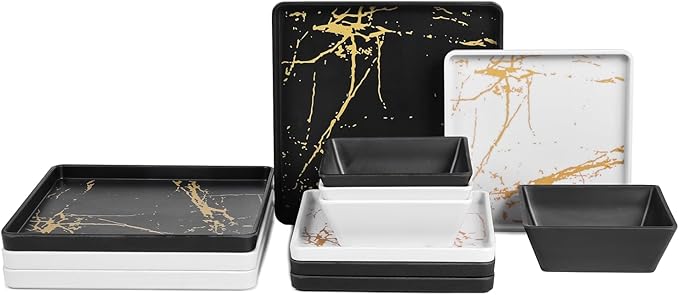 Square Melamine Dinnerware Sets of 12 Pcs,Square Plates and Bowls Sets,Unbreakable Dish Set for 4,Lightweight, Dishwasher Safe and BPA Free,Suit for RV,Camping （Black and White）