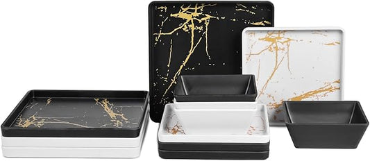 Square Melamine Dinnerware Sets of 12 Pcs,Square Plates and Bowls Sets,Unbreakable Dish Set for 4,Lightweight, Dishwasher Safe and BPA Free,Suit for RV,Camping （Black and White）