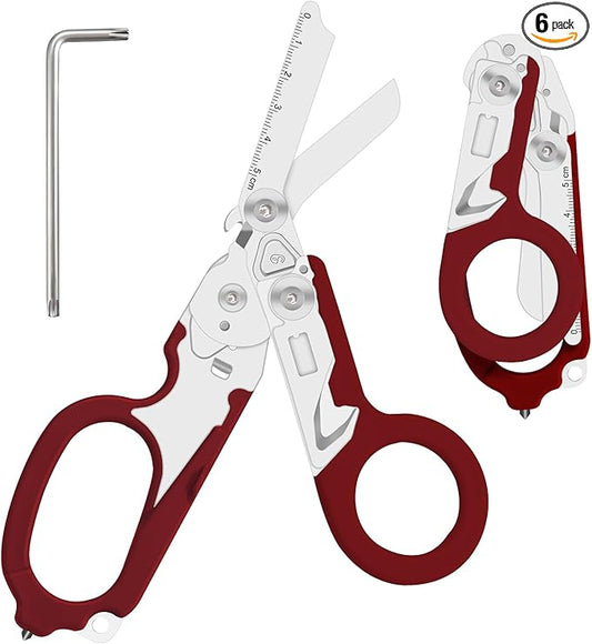 6 in 1 Multifunctional Combination Tool, Folding Retractable Emergency Shears, Outdoor Camping Tools, Seat Belt Cutter, Oxygen Cylinder Wrench, Complimentary Adjustable Wrench (red)