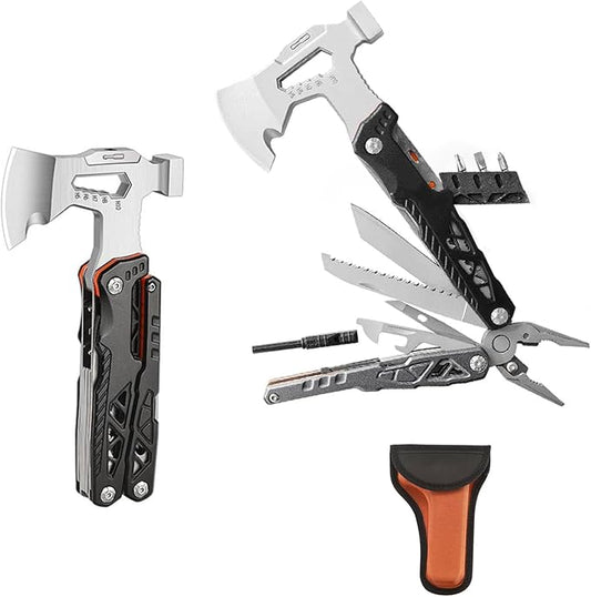 Camping Axe Multitool 17 IN 1, Foldable Camping Essentials Survival Gear Hatchet with Knife, Adjustable Wrench, Hammer, Screwdriver, Outdoor Multi Tool Stainless Steel Mens Gifts(Black)
