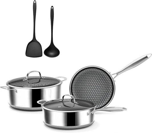 7-Piece 5 Ply Stainless Steel Cookware Set with Lids, Pots and Pans Set Non Stick, Non-Toxic, for Induction, Oven, Dishwasher Safe, RV Essentials, Kitchen Appliances