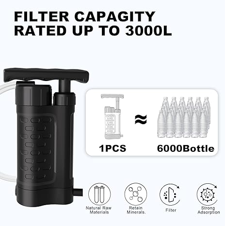 Portable Water Filter Pump, 0.01 Micron Manual Survival Water Purifier for Camping Hiking Backpacking Emergency, Fast Flow Removes Harmful Substances & Sediment (k8188 Black)