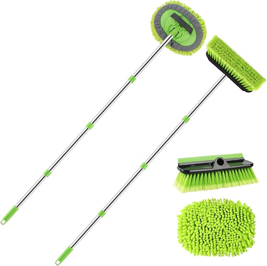 2 Pack Car Wash Brush with Long Handle, 62" Microfiber Car Wash Mop and Car Washing Brush Combo Set, Scratch-Free Soft Bristle Car Wash Mop Brushes Cleaning Kit for Exterior Car, Truck, RV, Boat